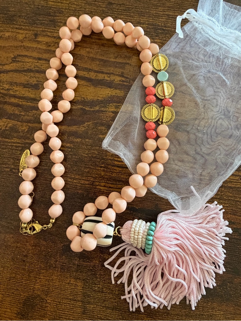 Plunder Peach Beaded Necklace with Pink Tassel and Gold Accents